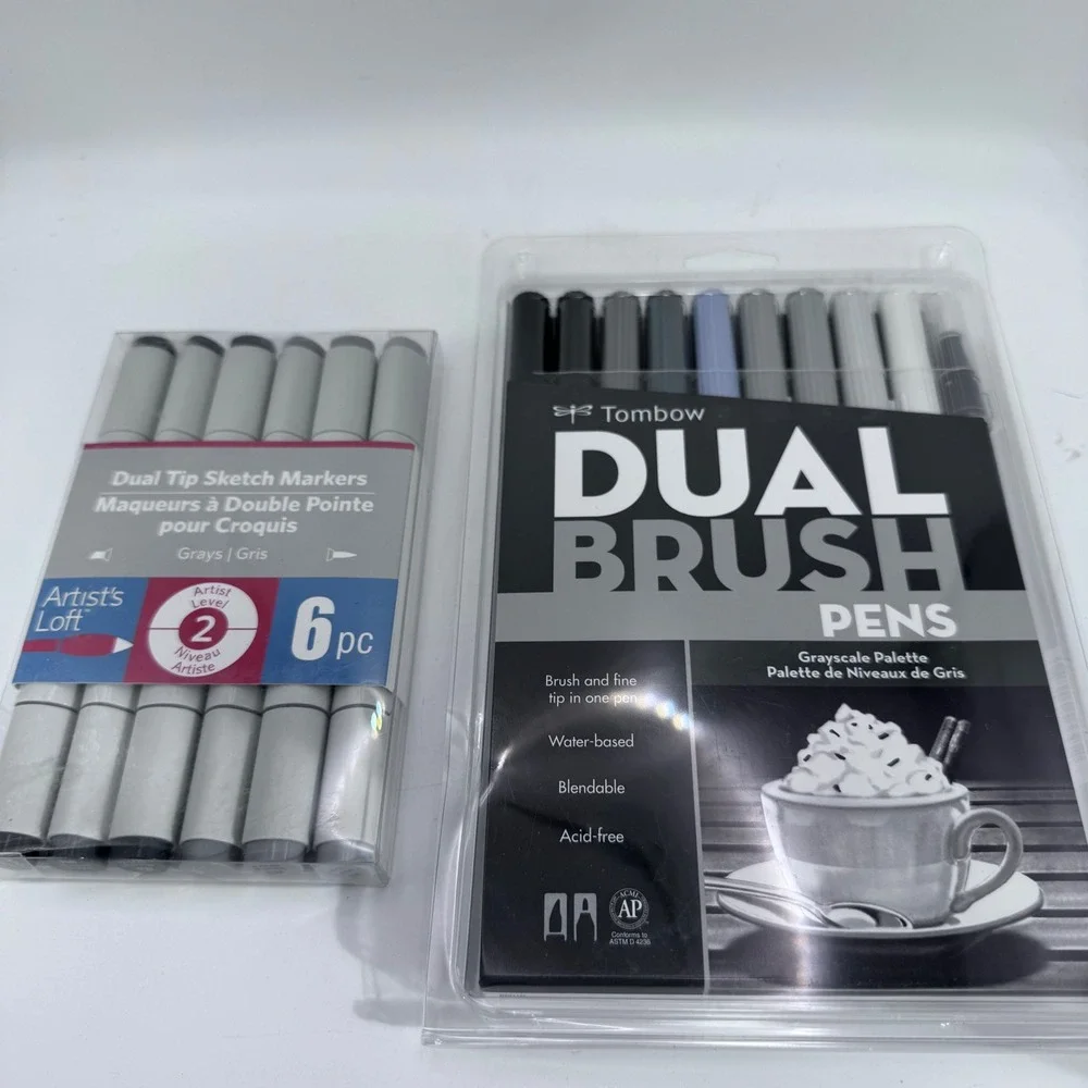 Tombow Dual Brush Pens Grayscale‎ 10pc & Artist's Loft Sketch Markers Bundle New